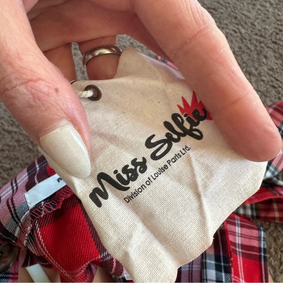 Miss Selfie Red Tartan Plaid Pinafore Dress Overall Jumper Pleated School L NEW - Picture 7 of 13